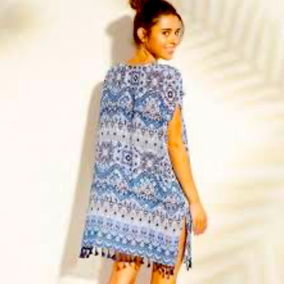 Cover2Cover Women’s Tassle Trim Poncho Patterned Sheer Swim Knee Length Cover-up - Picture 2 of 9